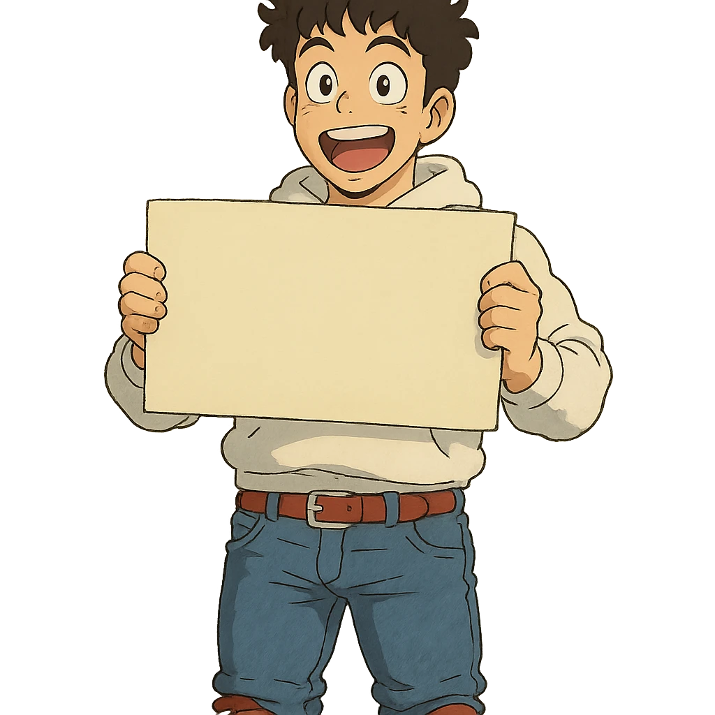 1 male, mid fade haircut dark chestnut brown curly hair, toasted lightskin, white hoodie sleeves up, fashion jeans, red fashion-sneakers shoes, red belt, short trimmed beard and goatee,  style of deku from "my hero academia", pose: holding a blank poster shoulder level, the image is framed from the waist to above the top of the head, facial expression is excited emoji