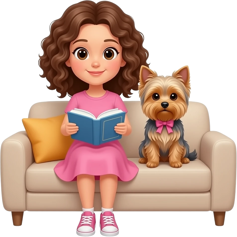 Chica con en pelo rizado color castaño y piel Blanca, sentada en un sofa con un libro y su perro yorksai y que ella vaya de rosa emoji