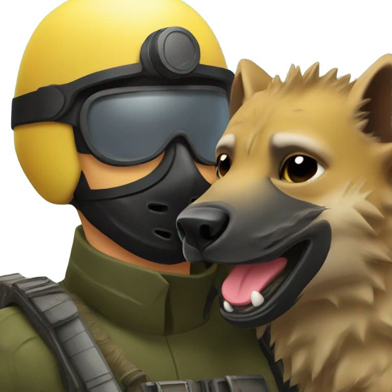 Yellow army Pilot with black mask googles, and then a big hyena kissing him emoji