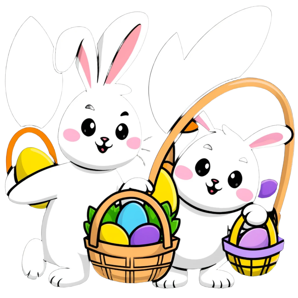 Group of Easter bunnies with Easter baskets full of eggs emoji