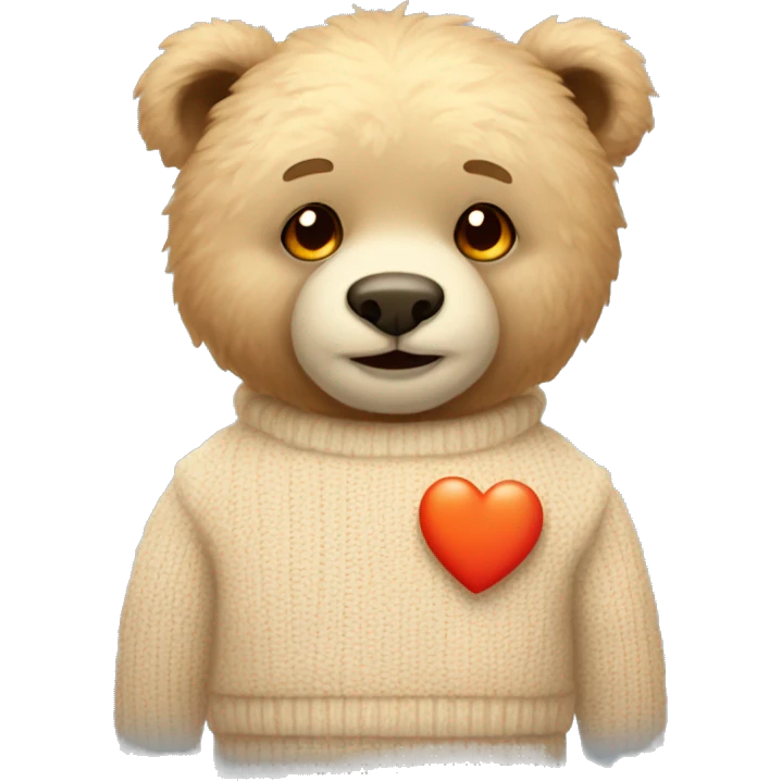 Teddy bear with Light color fur with orange eyes wearing a beige sweater with a red heart in the middle.  emoji