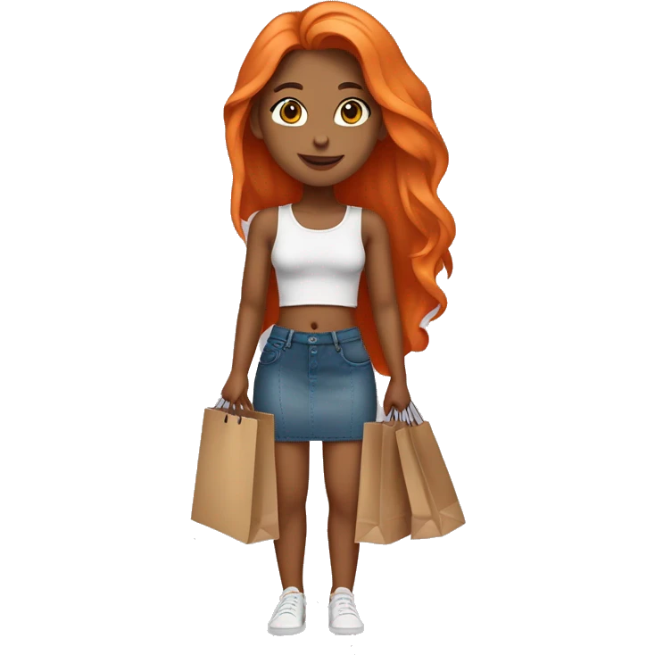 Tan girl with long orange hair wearing a mini skirt and crop top outfit holding shopping bags emoji