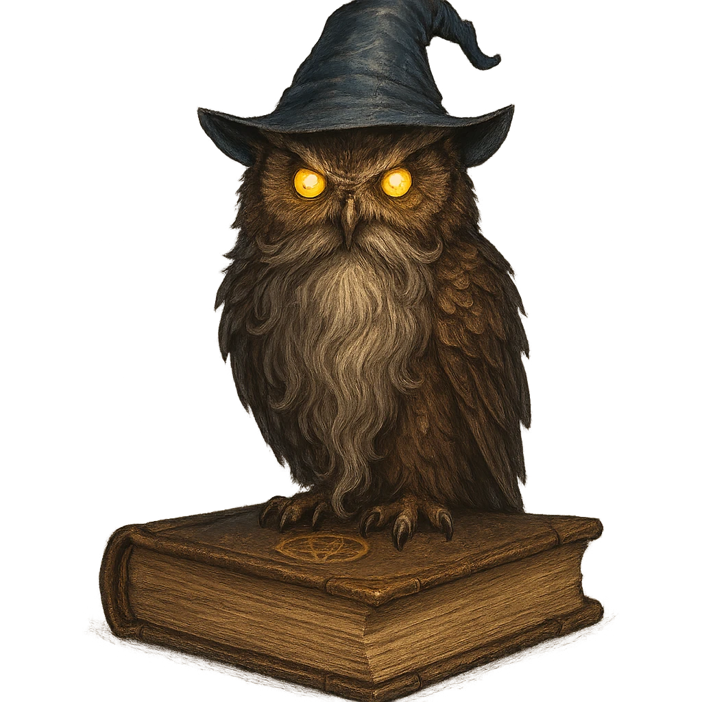 wise owl wizard with a long beard, perched on a spellbook, glowing eyes emoji