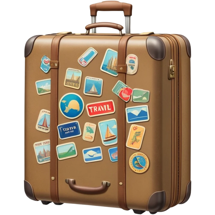 Suitcase with travel stickers, subdued colors, not vivid emoji