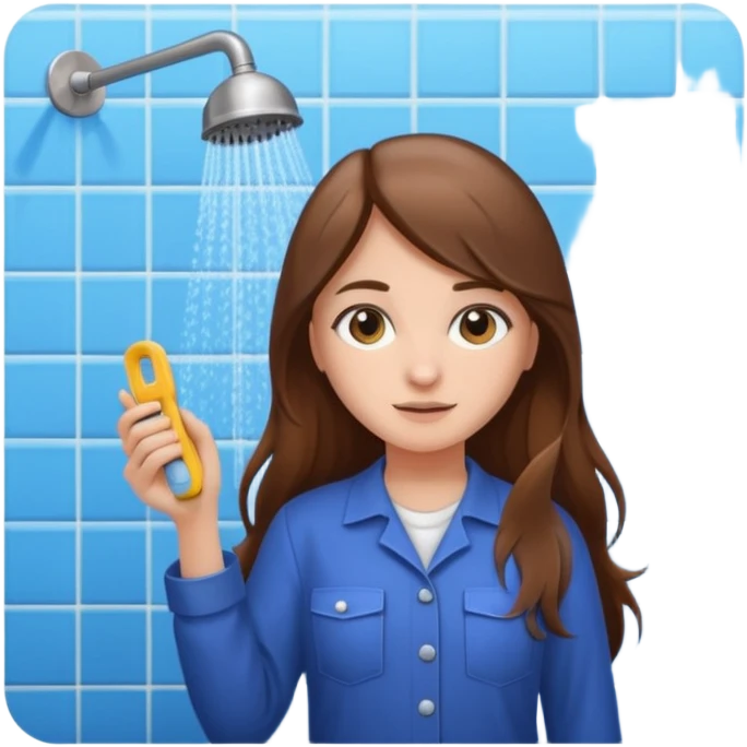 beautiful girl with long brown hair constructing new bathroom area with new shower and amenities  emoji