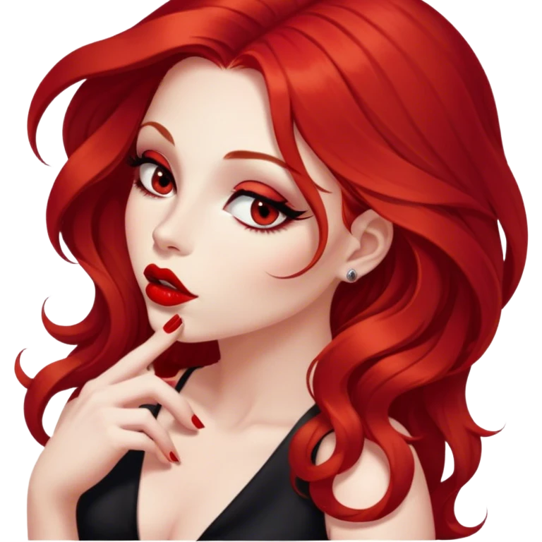 a pretty woman with long red hair and red eyes. The woman wear a black little cutted dress. She have red lipstick and she have a seductive look. She send a kiss emoji