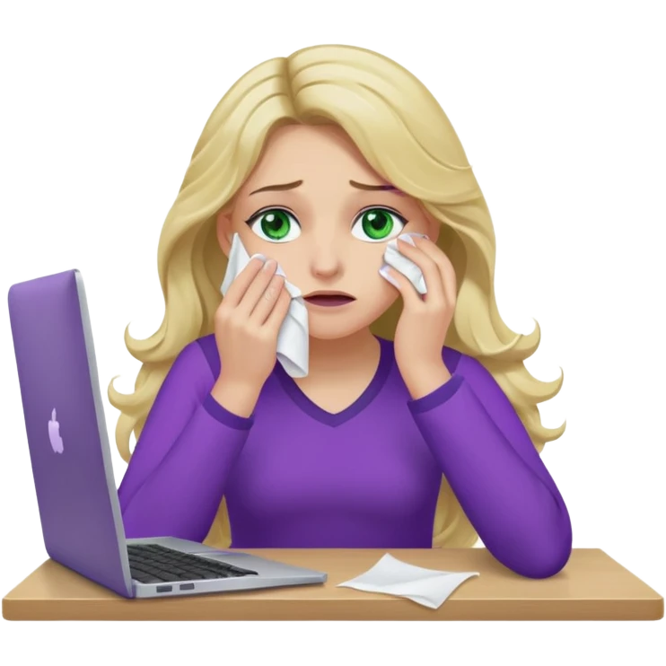 lady with long wavy blonde hair, purple top, green eyes, at desk with hand holding tissue to her eye and crying, with a purple mac laptop  emoji