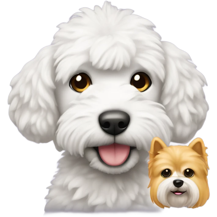 perro caniche blanco con un peluche emoji