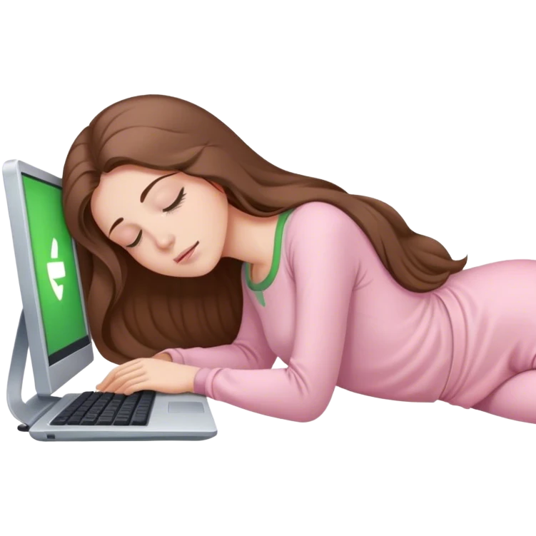 pretty woman with very long brown hair and green eyes and light pink outfit sleeping working on a computer emoji