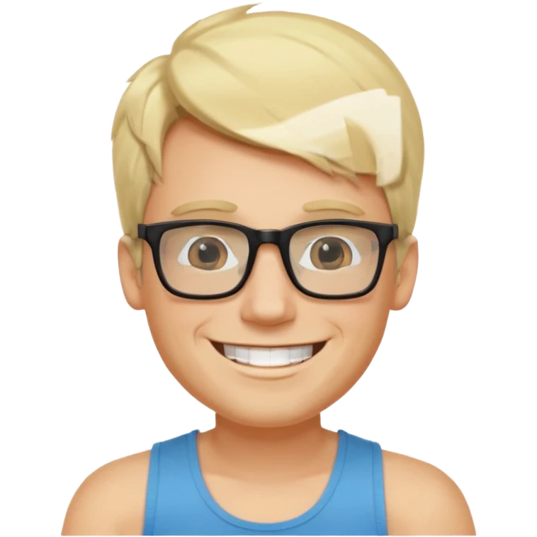 portrait of man, wearing a tank top, square glasses, grinning face, blond hair emoji
