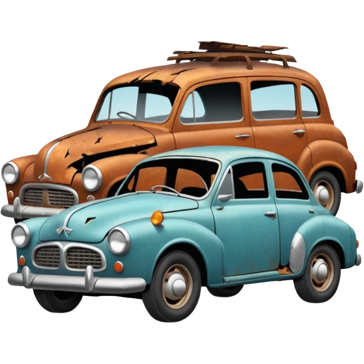 Side view of a broken-down old car with steam from the bonnet, shattered windows, rusted doors, a flat tire, dents, peeling paint, and a grimy, neglected look. emoji