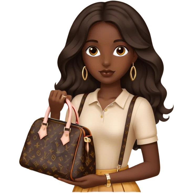  Dark Brown girl with long dark brown medium wavy hair carrying a Louis Vuitton bag on her arm emoji