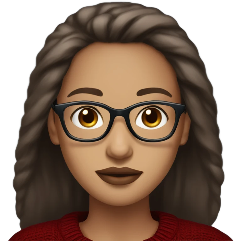 light skin, dark brown hair, blue eyes, long straight hair, girl wearing aesthetic dark red sweater, glasses, light colored lips emoji