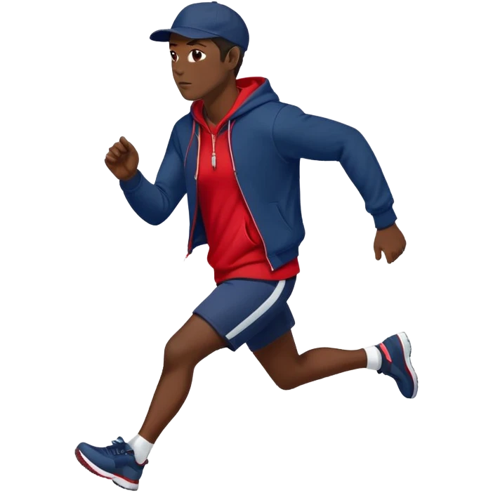 Black Man Wearing Navy Cap. Red hoodie. and running. right side emoji