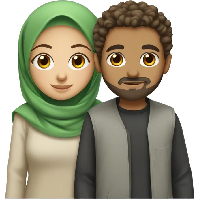 Muslim couple girl with green eyes and hijab and a guy with brown eyes and curly hair and a goatee with a beard  emoji