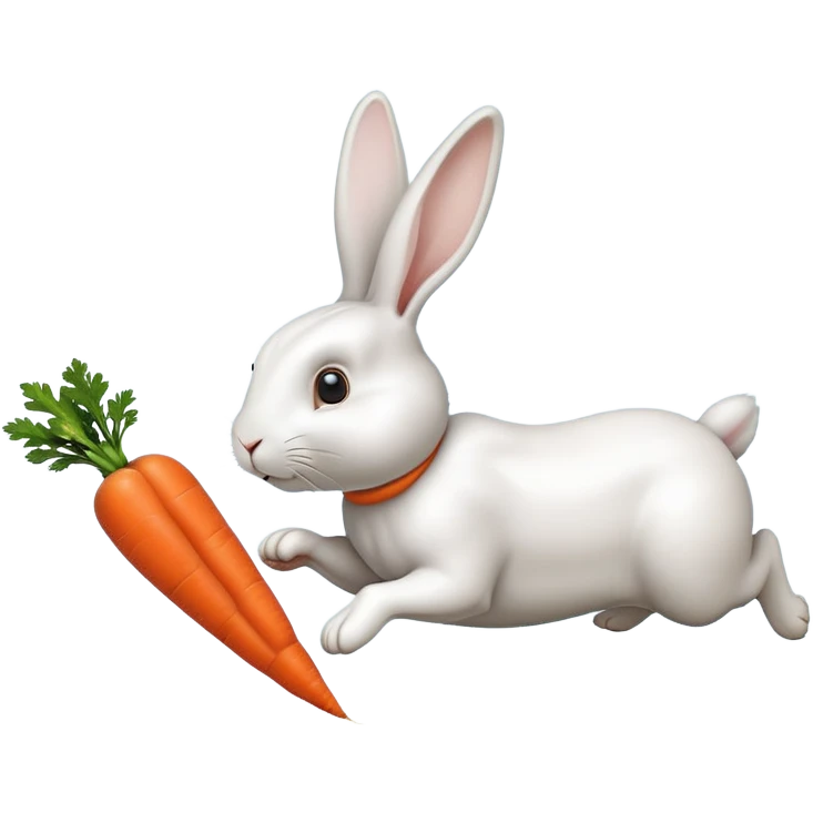 A rabbit running towards a floating carrot in front, with another floating carrot chasing the rabbit from behind. The tip of the front carrot is facing the rabbit's mouth, while the tip of the carrot behind is directed at the rabbit's tail. each carrot is flying independently." emoji