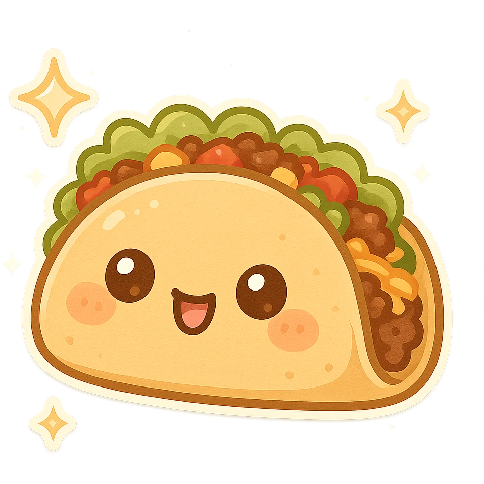 Sparkling chibi sticker style tacos, cute and exaggerated emoji