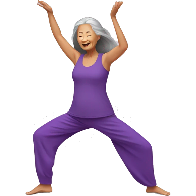 Long hair Asian senior woman in purple yoga cloth dancing Zumba emoji