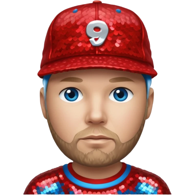 Fred Durst with blue eyes, dark blonde hair, red sequin shirt and cap emoji