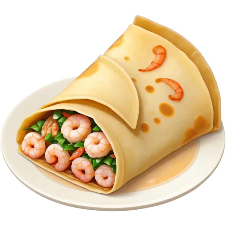 Bánh Xèo Cinematic Realistic Bánh Xèo Dish Emoji, depicted as a crispy, folded semi circle crepe filled with tiny shrimp and pork, rendered with dynamic textures and vibrant, appetizing lighting. emoji