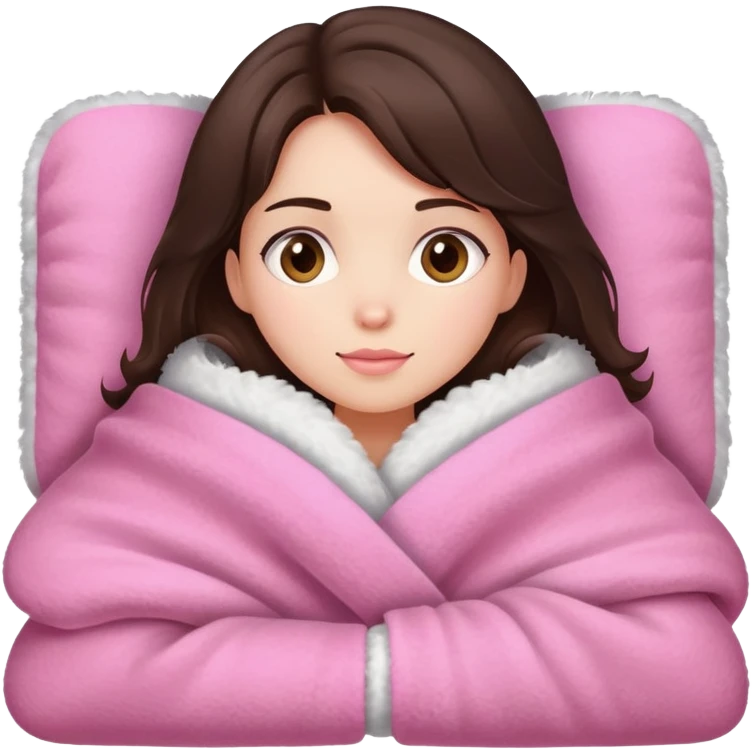 A brunette girl with a pink big cozy blanket emoji