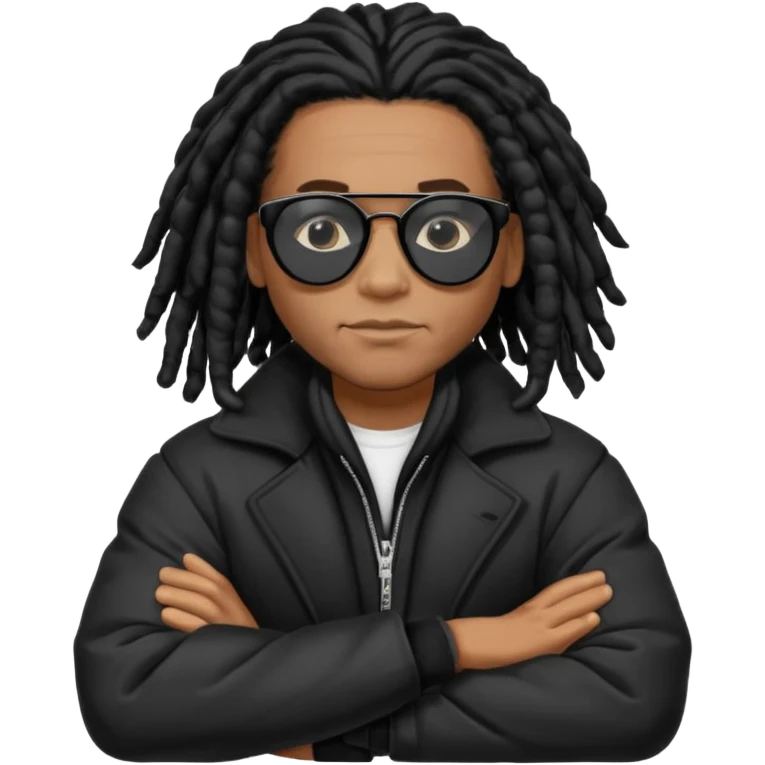 African American man with shoulder length black dreadlocks wearing black sunglasses with black bubble winter coat with arms folded emoji