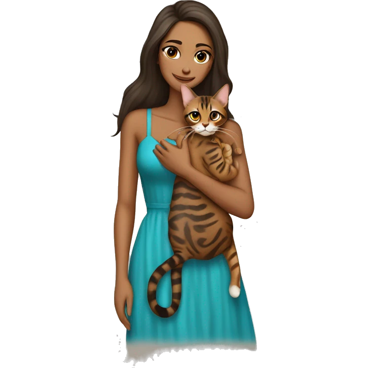 Beautiful skinny woman long dark brown hair in dress hug bengal cat emoji