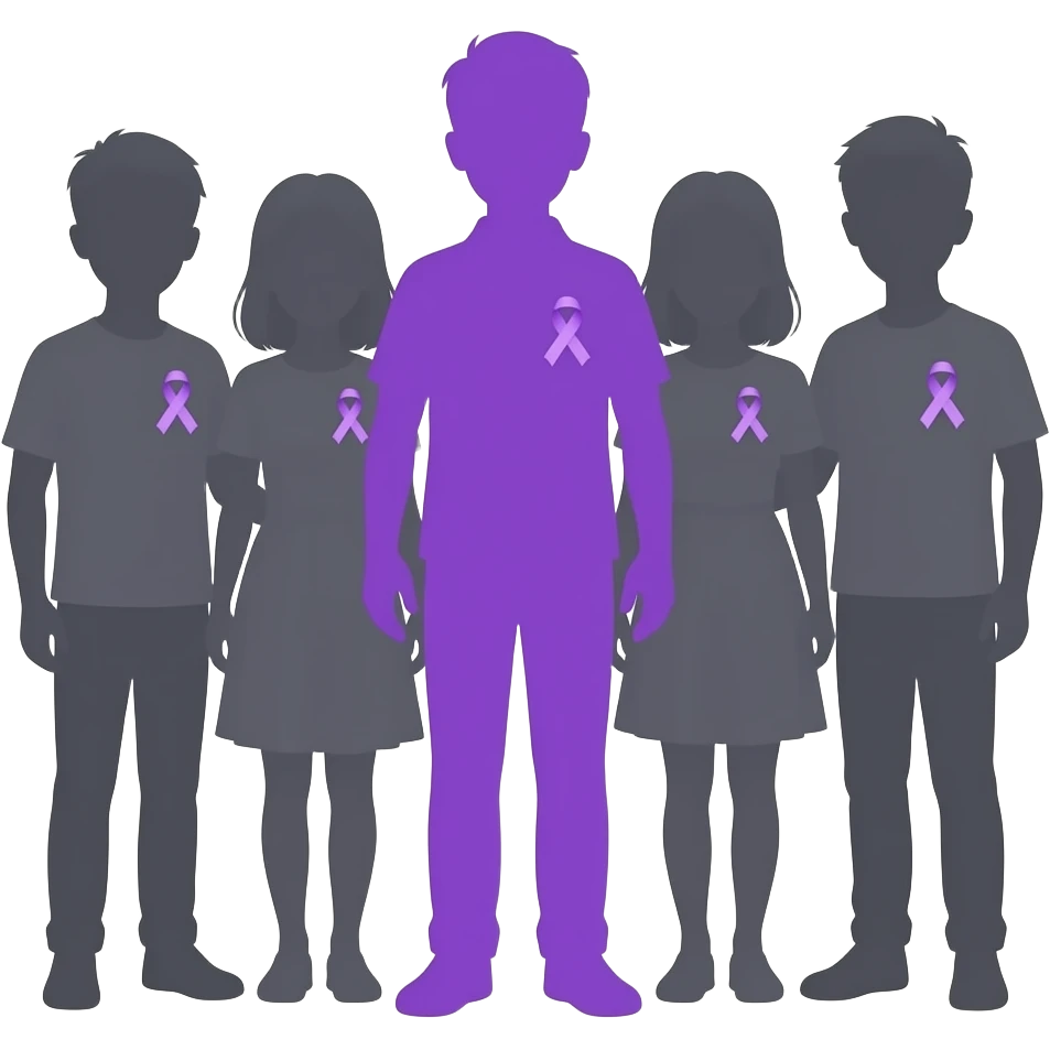 iOS-style emoji: group of human silhouettes (boys and girls) taking a photo, each wearing a small purple ribbon for fibromyalgia awareness, with one silhouette fully purple standing out, soft gradients, cute and minimal, transparent background emoji