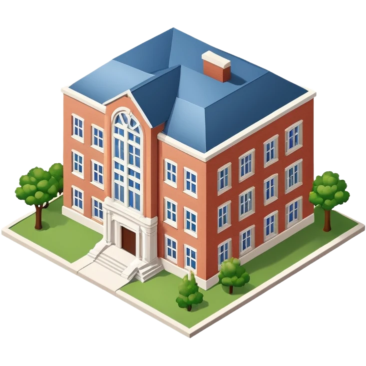 University campus building, isometric dollhouse-style, realistic emoji