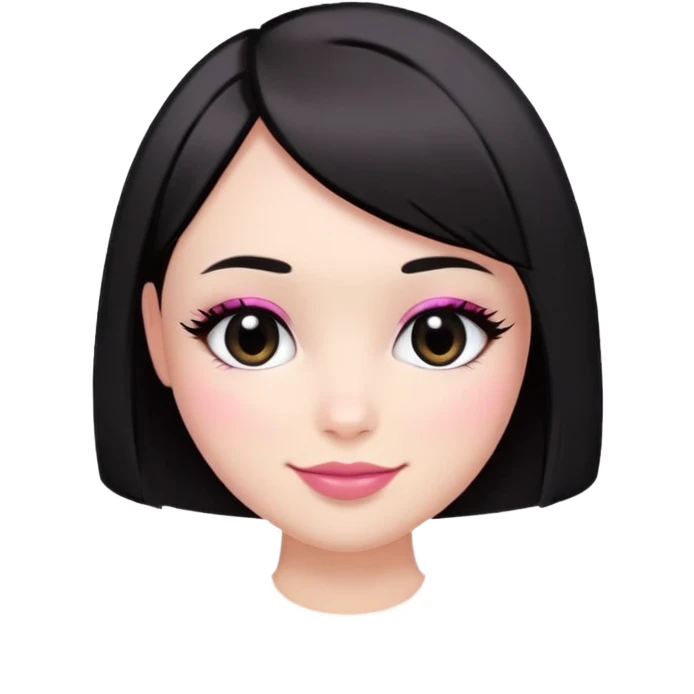 Round face, almond-shaped black eyes, rosy cheeks, jet-black straight bob haircut, small pink lips grinning softly.  emoji