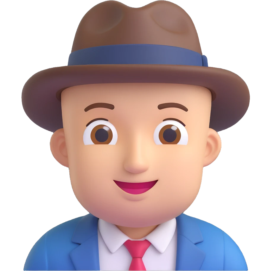 bald man with a fedora, smirking, 3D emoji style emoji