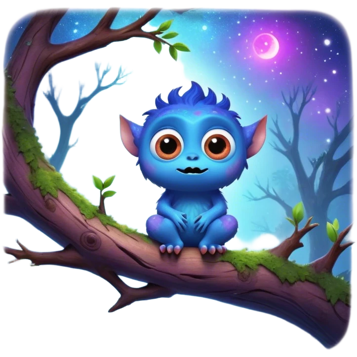 3D, create an image of a cartoon monster with big eyes sitting on a tree branch, thomas kinkade and paul lehr, pixar cute character design, by Anne Stokes, splashes of neon galaxies, adorably cute, drew struzan inspiration, 2019, by Wojciech Korneli Stattler, beautiful mattepainting emoji