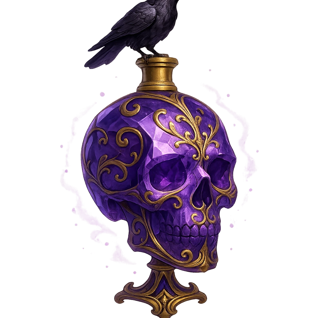 luxurious crystal elixir bottle in the shape of a skull, violet color, lots of glowing, facets, ornaments, golden details, magical effects, very small golden neck, transparent background, beautiful connected base, clearly floating in the air, no base or shadow, small crow sitting on top of the bottle, premium class design, matching the collection emoji