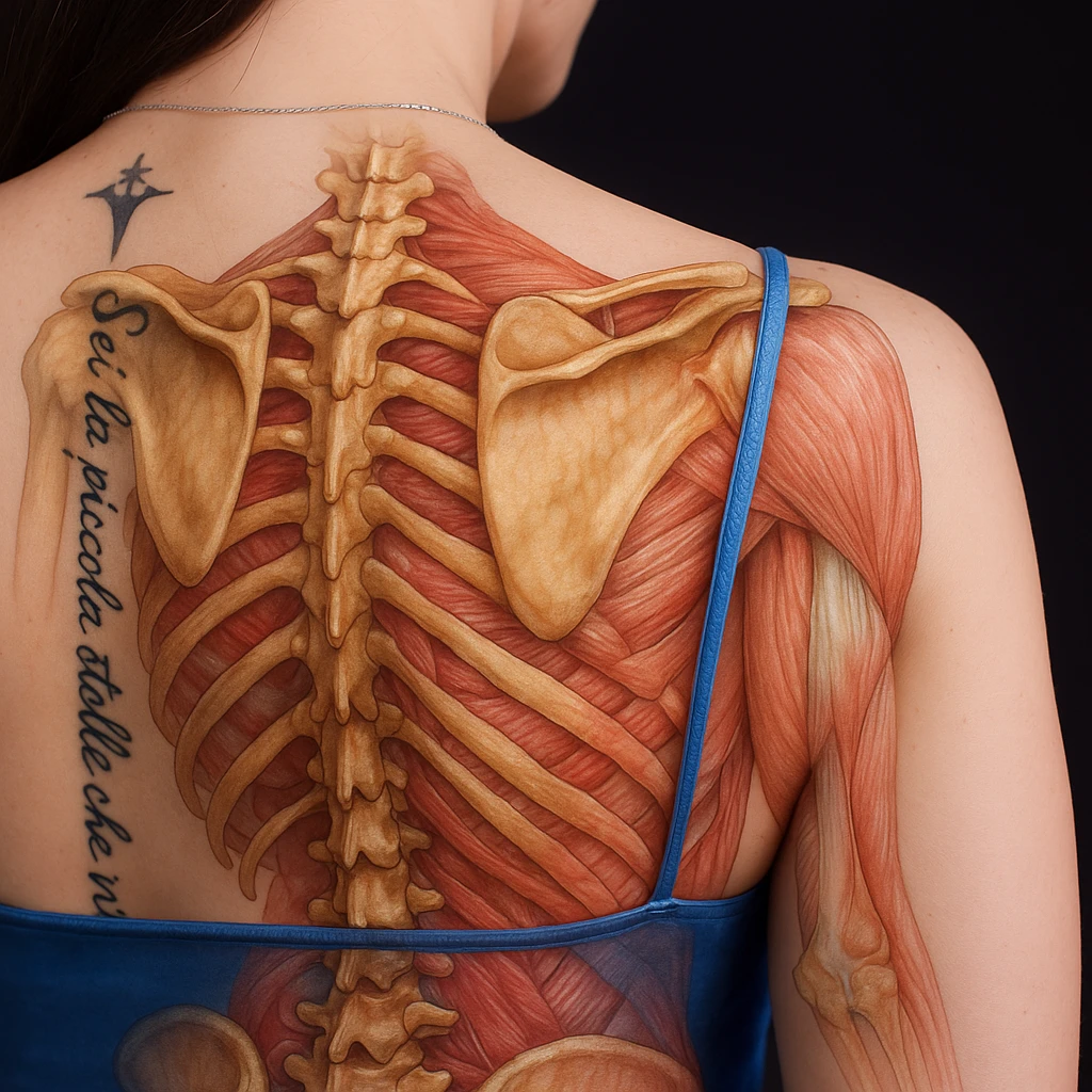 Add well-visible scapulae on the woman's back in a realistic style with a transparency effect to show the underlying bones and muscles. The image should reveal the anatomical layers beneath the skin. emoji