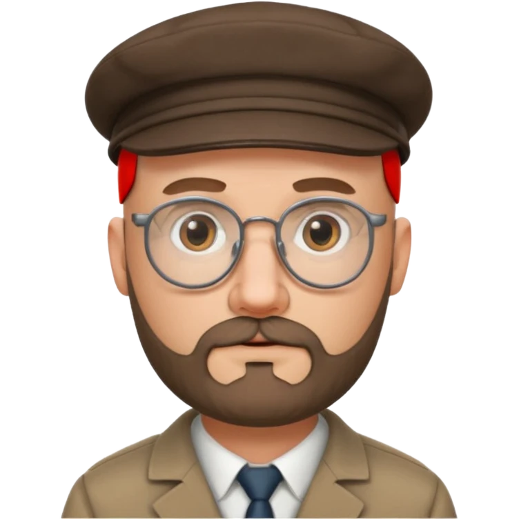 40's white male, bald with short full beard (salt and pepper color brown) with professor glasses and flat cap emoji