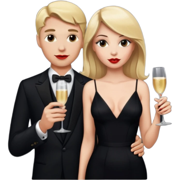 Blonde Woman, Long black slipdress, man black Cut,fly, Champagner glas emoji
