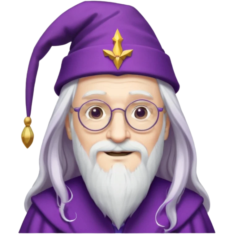 dumbledore, long white hair, wear purple magic hat, glasses emoji