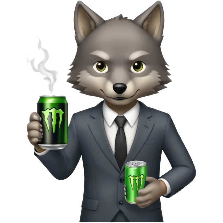 wolf in business suit, holding a monster energy can  emoji