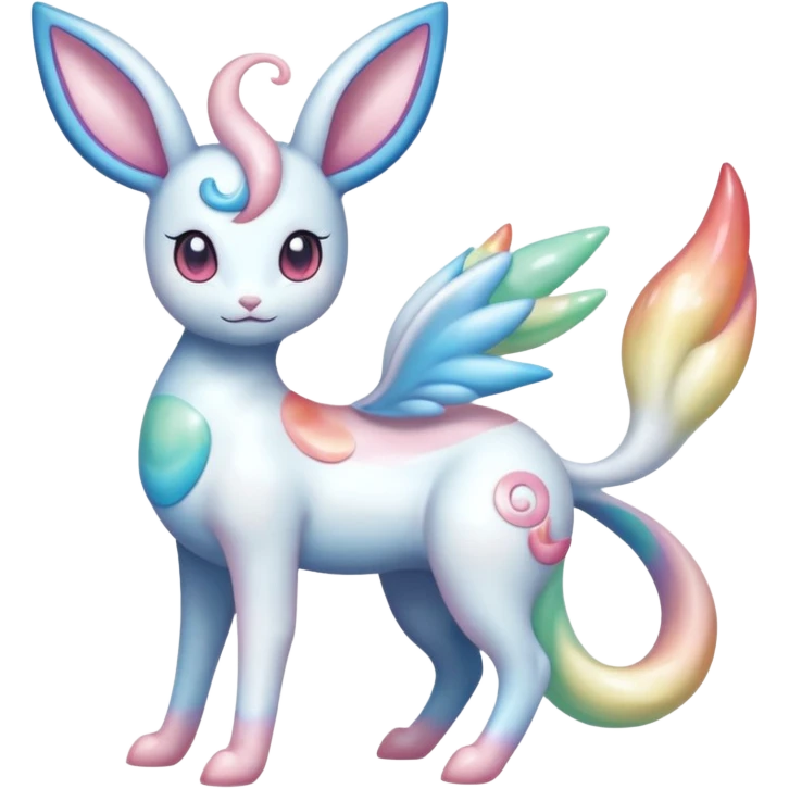 Pearlescent Milky-White Opalescent Rainbow-Tinted Soft-Glowing Celestial Sylveon-Milotic-Cresselia-Fakémon-creature (full body) emoji