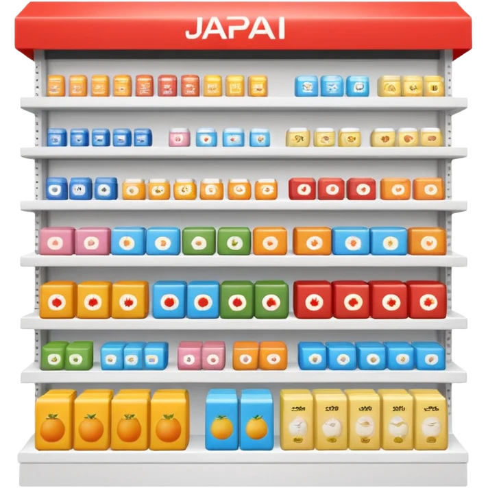 "Minimalist Japanese  shelf display, identical products placed directly behind one another (same items stocked in depth), different product types arranged side by side, clean spacing, precise symmetry, soft neutral lighting, front-facing packages, ultra-detailed." emoji