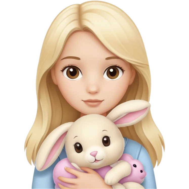 pretty blonde model with brown eyes holding a jellycat bunny stuffed animal emoji
