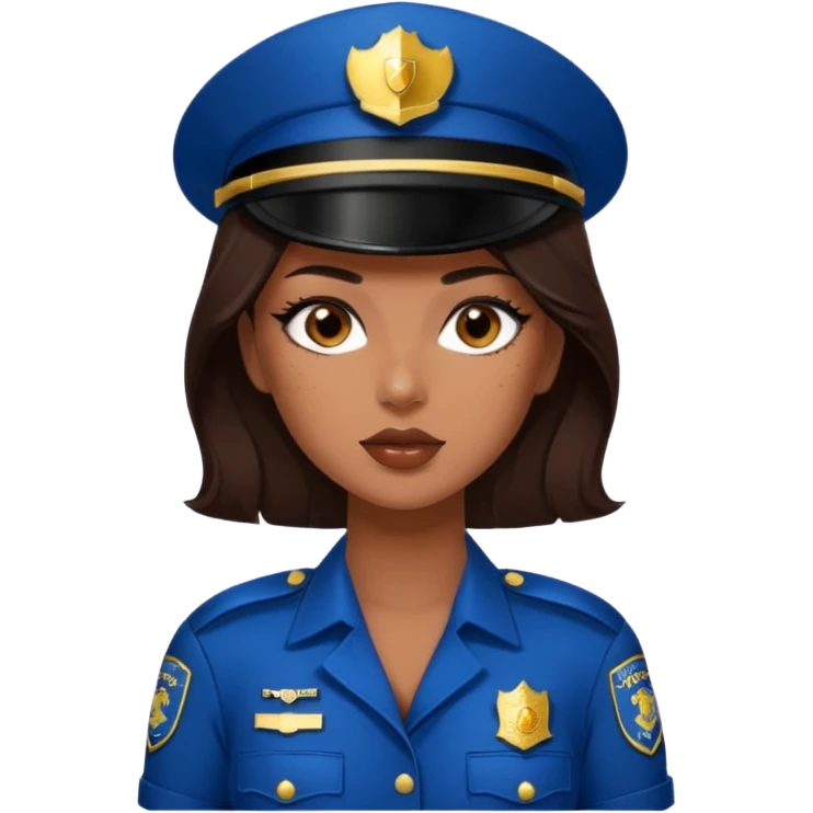 A sexy girl. with caramel skin. Dark brown hair and brown eyes. She has freckles. Wearing sexy makeup. Dressed as a sexy cop. wearing lingerie. Wearing heels on her feet emoji