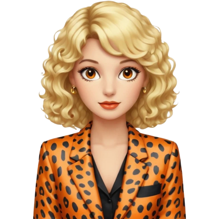 Blonde woman with an 80s-style hairstyle, with curls and bangs, animal print blazer, black top and orange skirt, all very 80s style, brown eyes, 80s makeup emoji