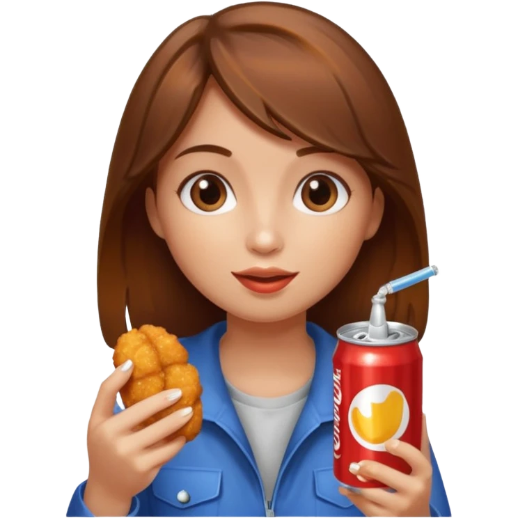 brown hair girl eating chicken nugget and holding a soda can emoji