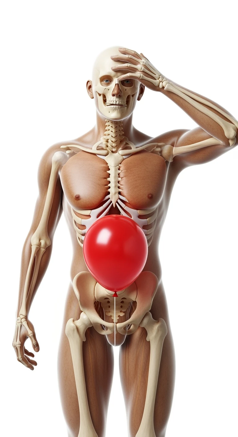 corpo umano anatomico realistico in posa frontale con spina dorsale anatomica in evidenza e palloncino rosso sulla pancia, si tiene una mano sulla fronte disperata per la pancia gonfia, iperrealistica 4k, isolato su sfondo bianco emoji