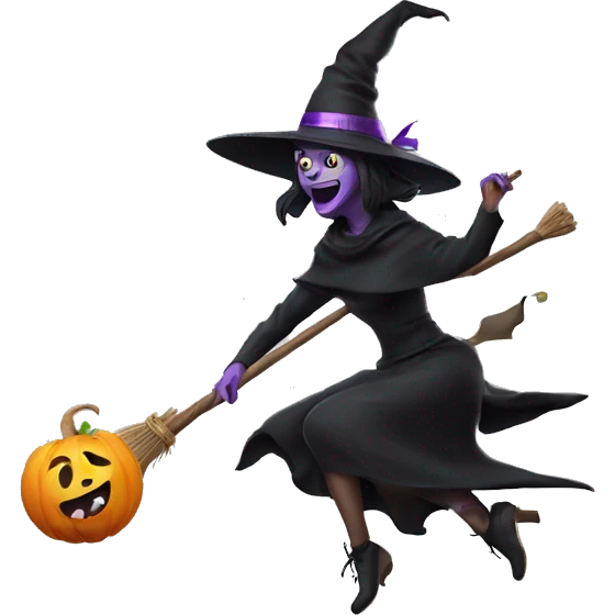Scarry witch, flying to the left on a broom, throwing candy. emoji