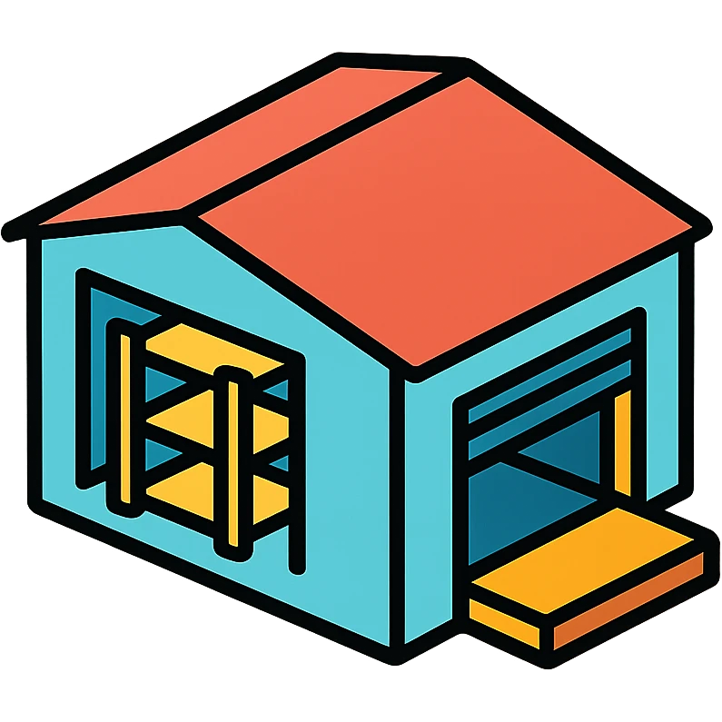 Single story warehouse building in isometric view with loading bay and industrial shelving inside emoji