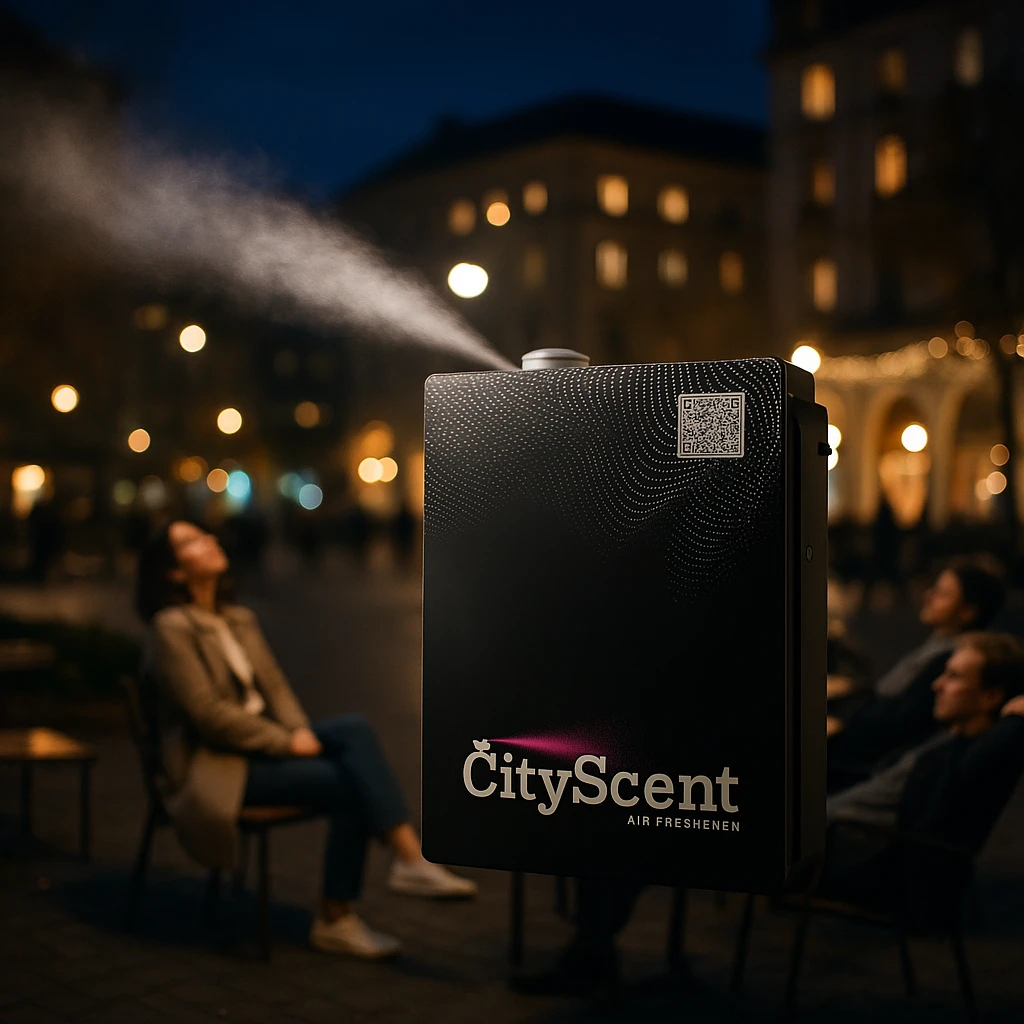 Add a soft, realistic scent mist effect coming from the left side of the CityScent air freshener machine. The scene is realistic, with people relaxing and enjoying the scent in a city square at nightfall. emoji