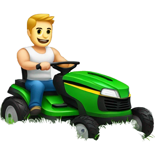 A muscular white man with tattoos cutting grass with a lawn mower emoji
