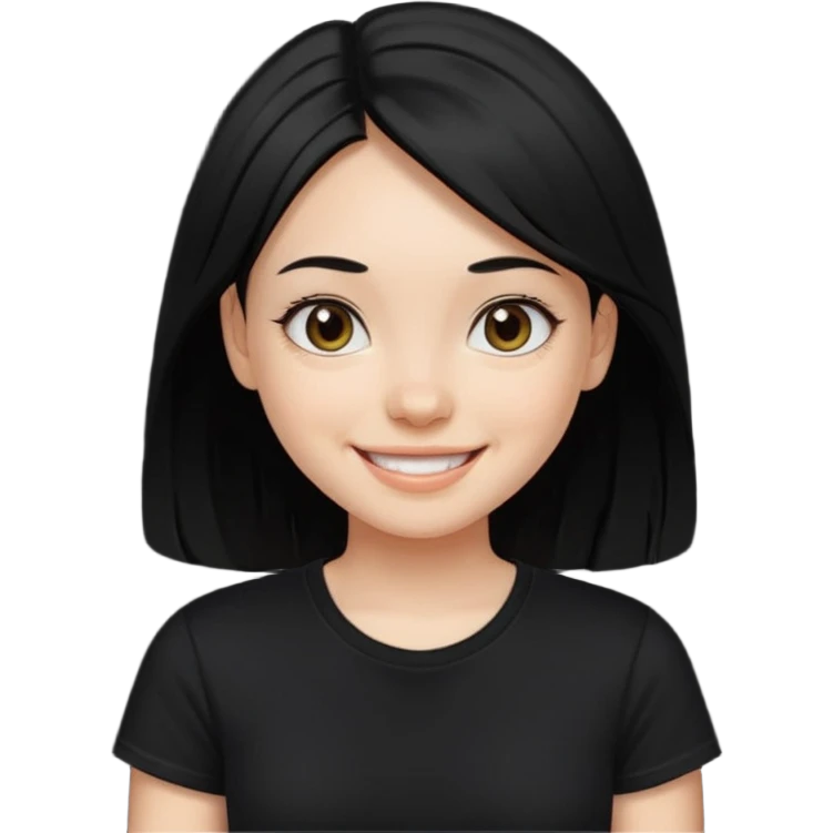 a pretty bratz fair girl with straight black hair, wearing a black tshirt, smiling emoji